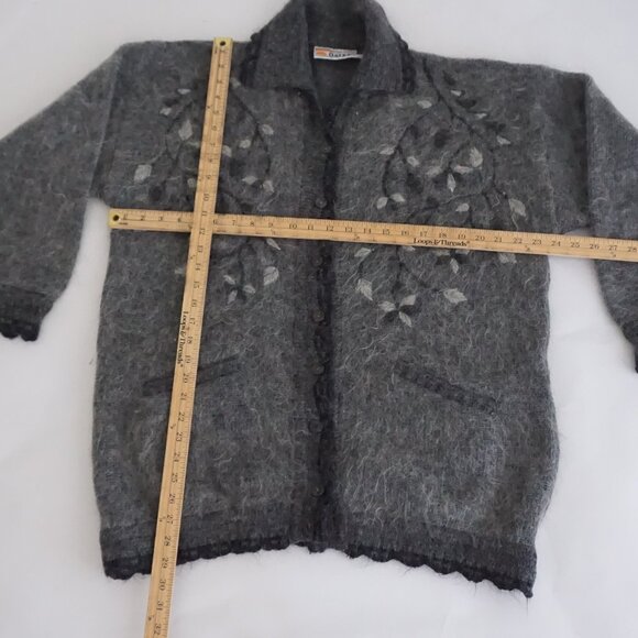 Oster Charcoal Floral Felted Button Cardigan Wool Heritage Boho Grandmacore 52 - Picture 2 of 13